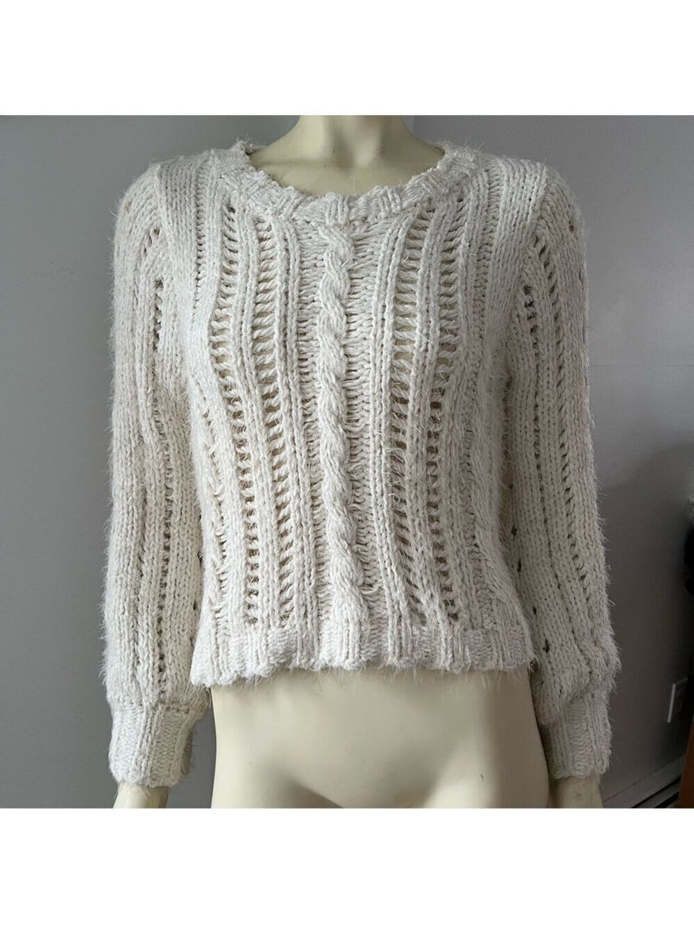 Sadie & Sage Women’s Knit Cream Sweater Cropped Long Balloon Sleeve Fuzzy S